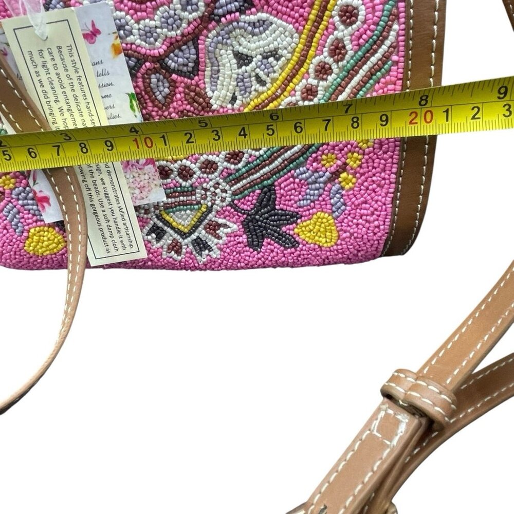Pink Seed Bead Floral Mini Barrel Handbag Crossbody Strap Made In India New - Picture 6 of 10
